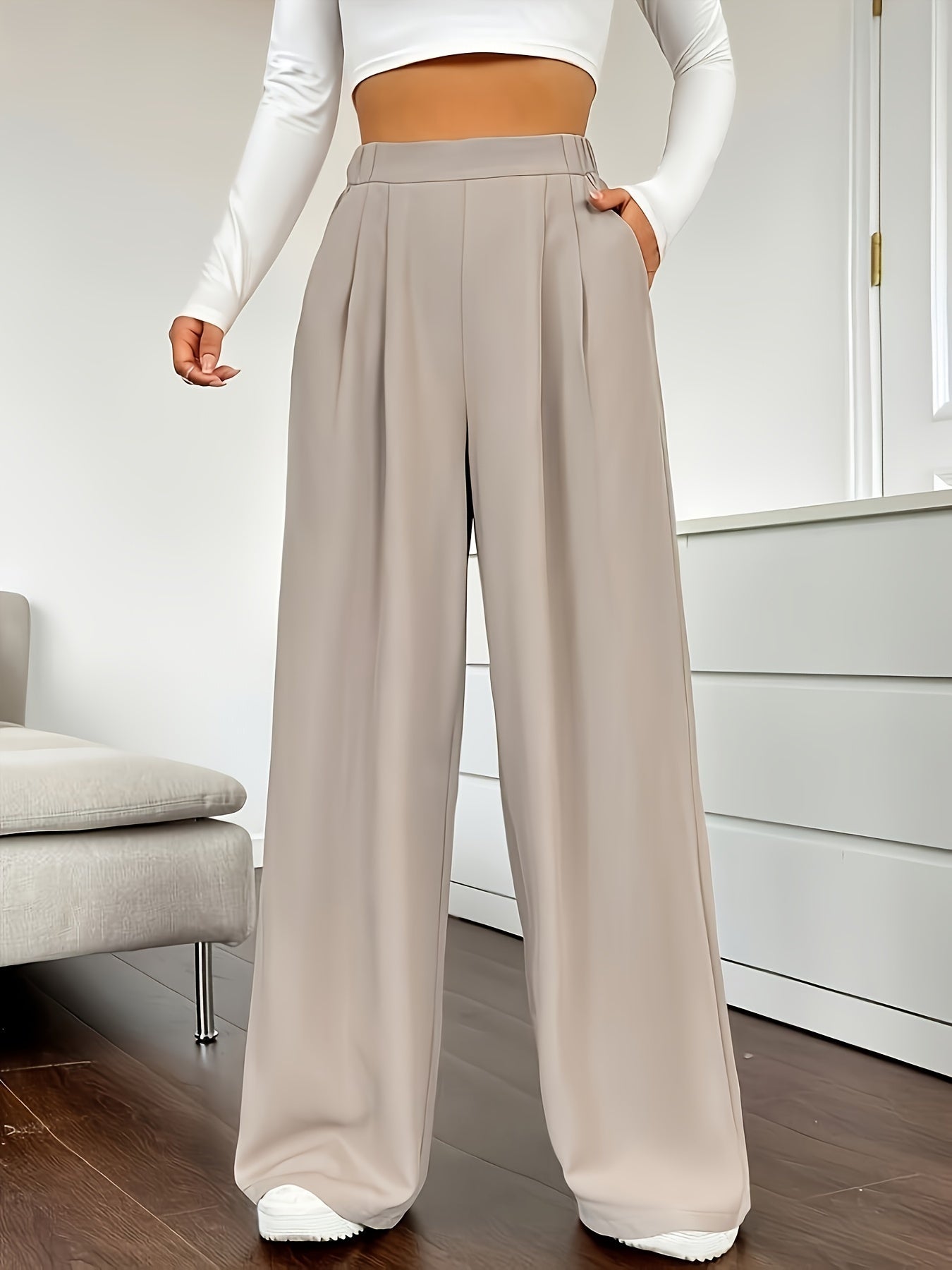 Solid Color High Waist Pants, Elegant Dual Pockets Wide Leg Pants For Spring & Summer, Women's Clothing - Mammalook