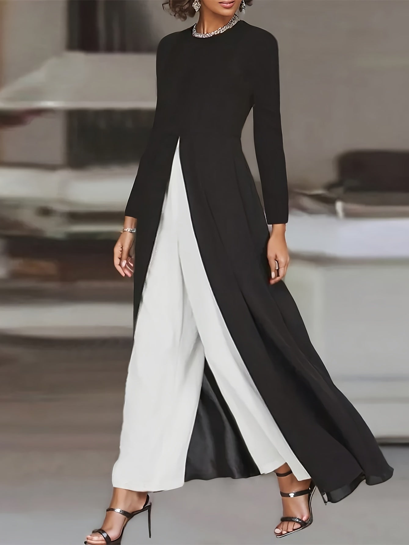 Elegant Color Block Pants Set, Long Sleeve Crew Neck Split Hem Ankle Length Top & Wide Leg Pants Outfits, Women's Clothing - Mammalook