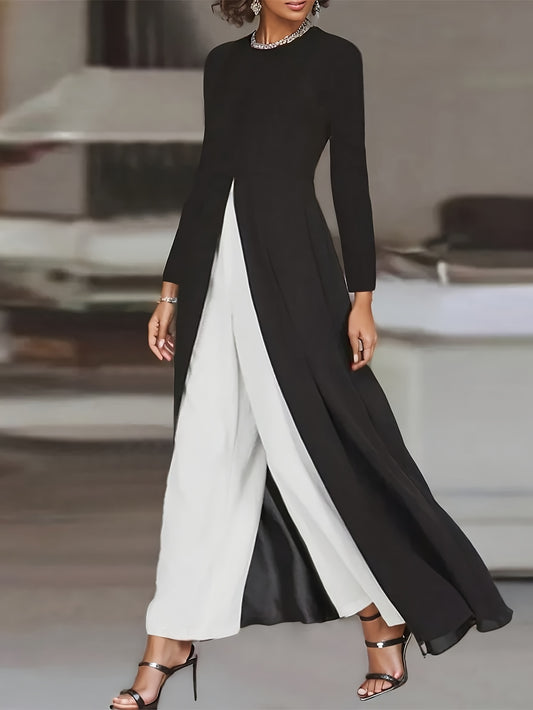 Elegant Color Block Pants Set, Long Sleeve Crew Neck Split Hem Ankle Length Top & Wide Leg Pants Outfits, Women's Clothing - Mammalook