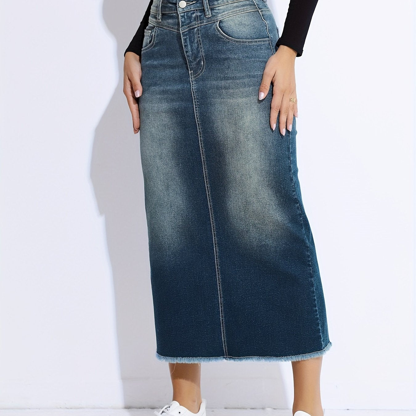 Blue Raw Hem Denim Skirt, High-Stretch Slant Pockets Split Back Denim Midi Skirt, Women's Denim Clothing - Mammalook