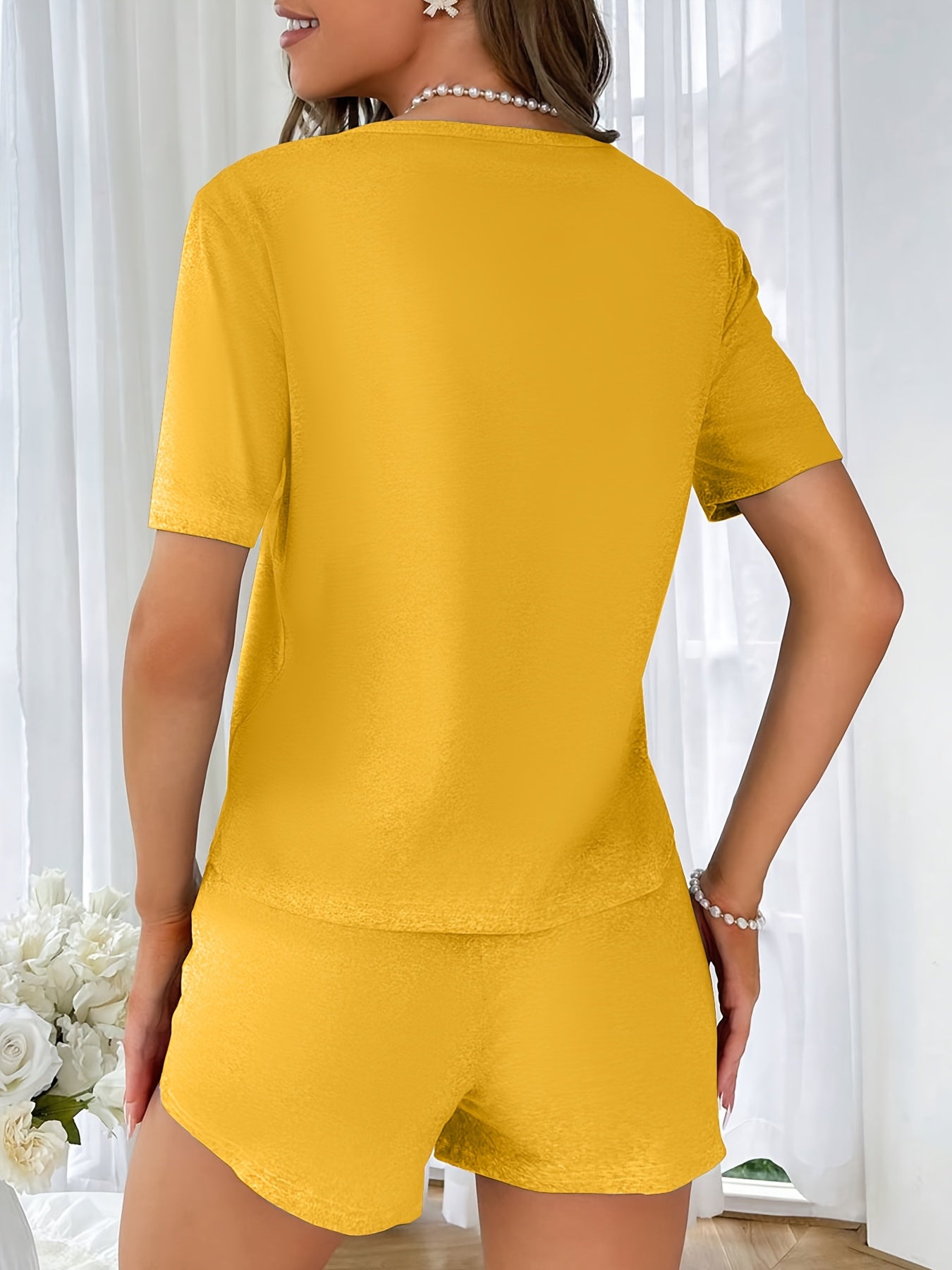 Casual Letter Print Pajama Set, Short Sleeve Round Neck Top & Elastic Bow Shorts, Women's Sleepwear - Mammalook