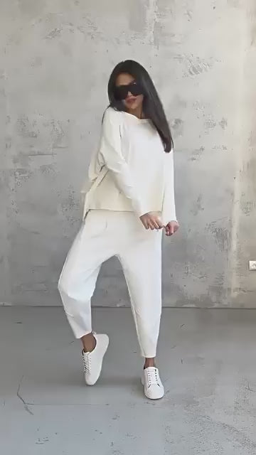 Women's Irregular Suit Long-sleeved Round Neck Top And Loose Harem Pants With Pockets Ins