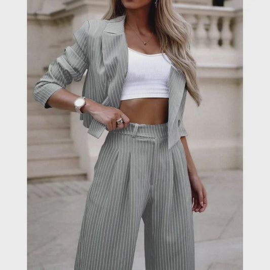 Women's Spring Fashion Striped Suits Casual Lapel Long Sleeve Cropped Top And Straight Pants Outfits Women's Clothing