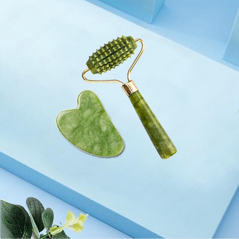 Natural Face Massager Gua Sha Jade Roller Face Massage Tool Set Face For Massager Guasha Facial Neck Skin Beauty Care Set - Mammalook