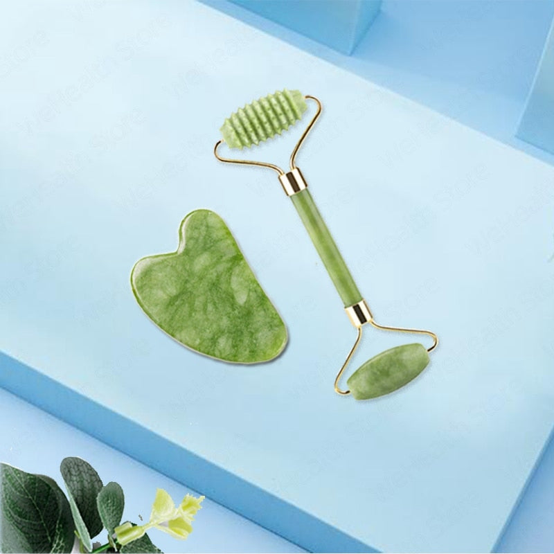 Natural Face Massager Gua Sha Jade Roller Face Massage Tool Set Face For Massager Guasha Facial Neck Skin Beauty Care Set - Mammalook