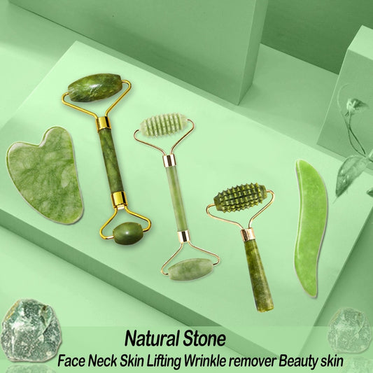 Natural Face Massager Gua Sha Jade Roller Face Massage Tool Set Face For Massager Guasha Facial Neck Skin Beauty Care Set - Mammalook