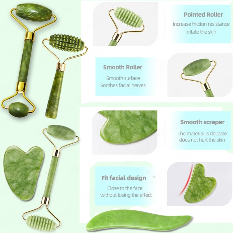 Natural Face Massager Gua Sha Jade Roller Face Massage Tool Set Face For Massager Guasha Facial Neck Skin Beauty Care Set - Mammalook