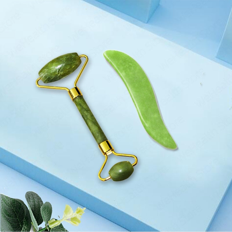 Natural Face Massager Gua Sha Jade Roller Face Massage Tool Set Face For Massager Guasha Facial Neck Skin Beauty Care Set - Mammalook
