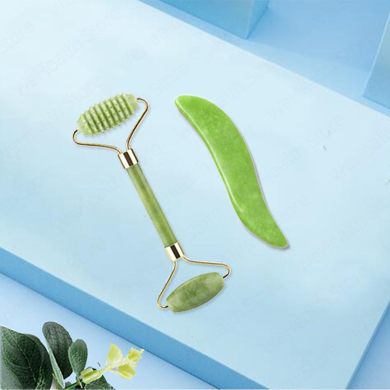 Natural Face Massager Gua Sha Jade Roller Face Massage Tool Set Face For Massager Guasha Facial Neck Skin Beauty Care Set - Mammalook